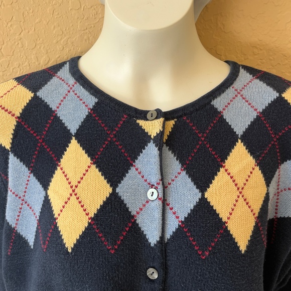 Liz Claiborne Vintage Cotton Argyle Cardigan Sweater Blue Yellow Large - Picture 7 of 8
